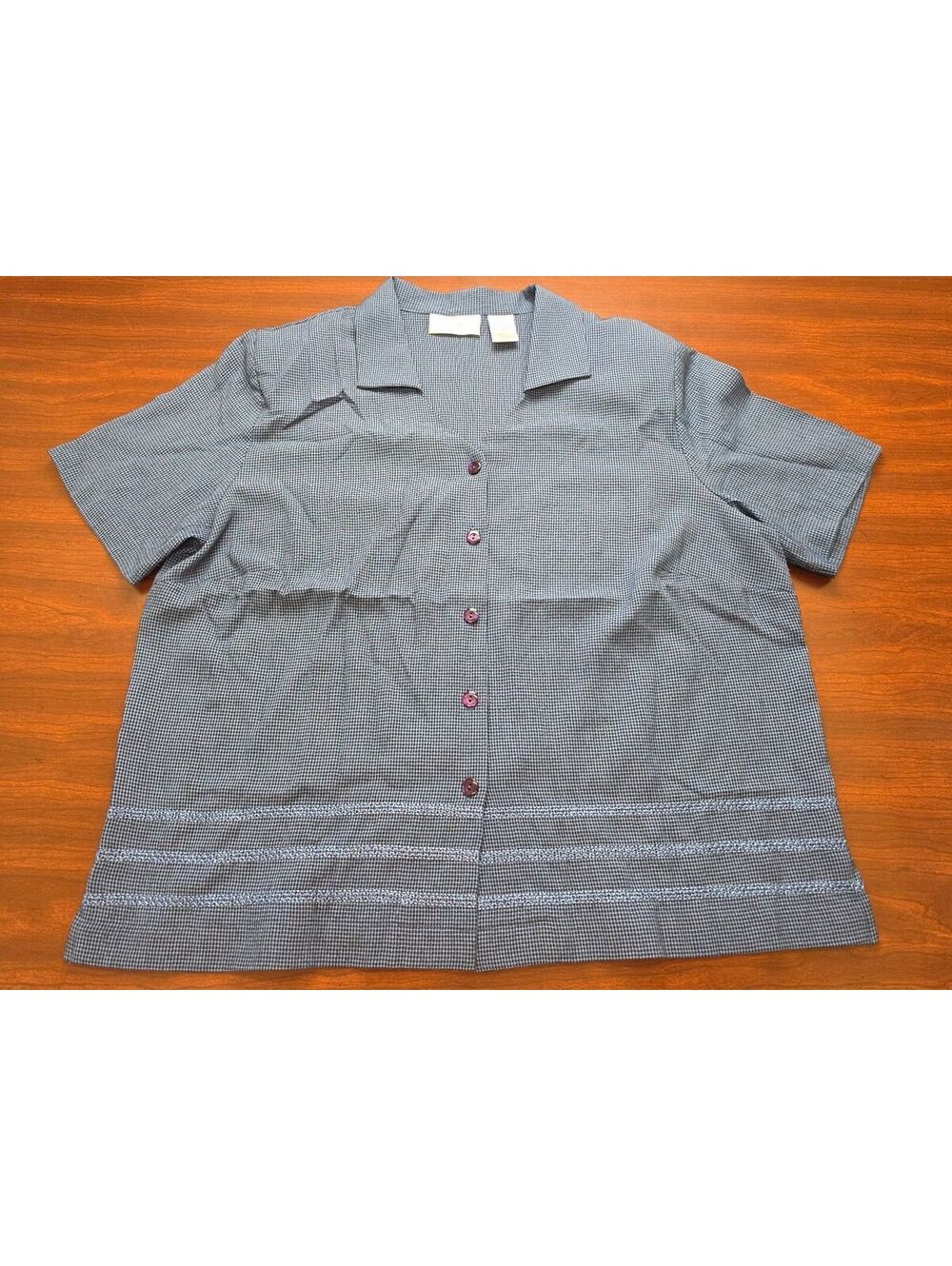 Vintage Studio Works Petite Medium Blue Black Houndstooth Short Sleeve Shirt